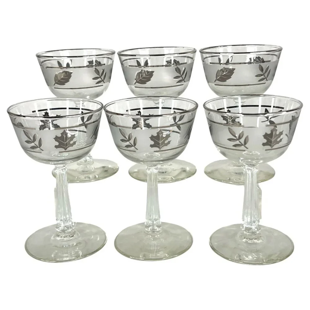 6 Vintage Libbey Silver Leaf Champagne Glasses Cocktail Barware Goblet 5 IN  Set